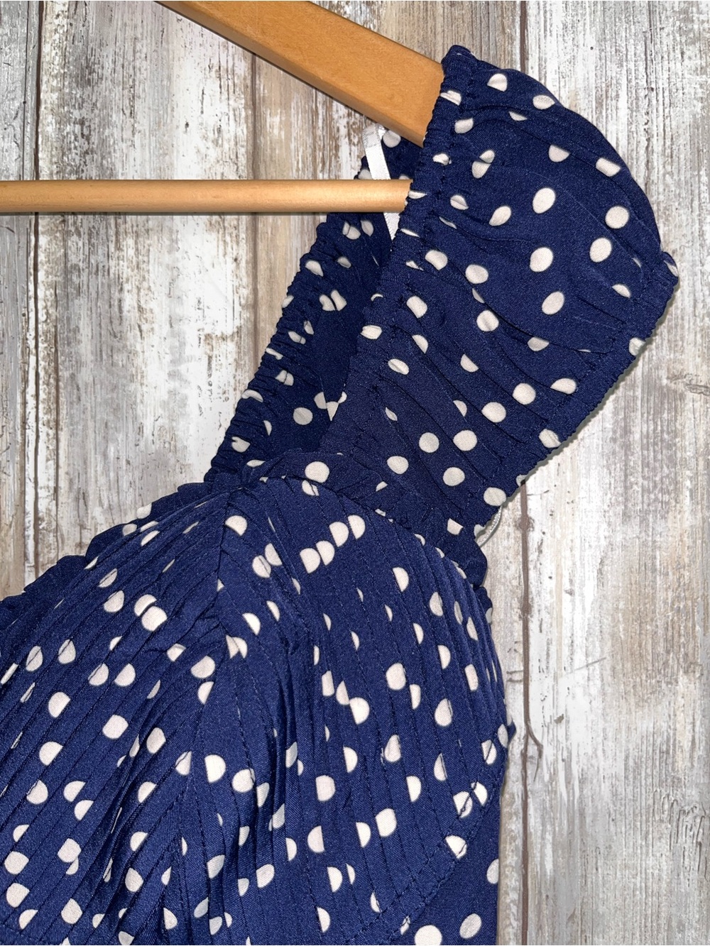 Lulus NWT Navy Polka Dot Pleated Bustier Crop Top Puff Sleeve L - Picture 3 of 6
